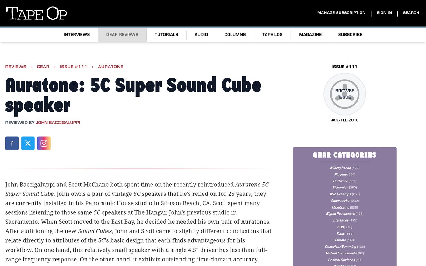Auratone 5C Super Sound Cube speaker review in Tape Op